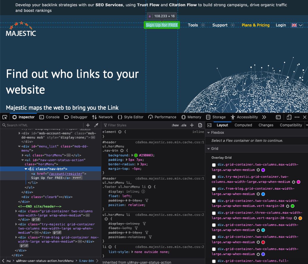 The image shows a very handy way to see the HTML of specific page elements. Firefox Visual inspector screenshot.