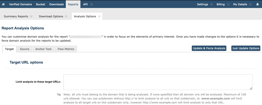 Filtering options, download configuration panel