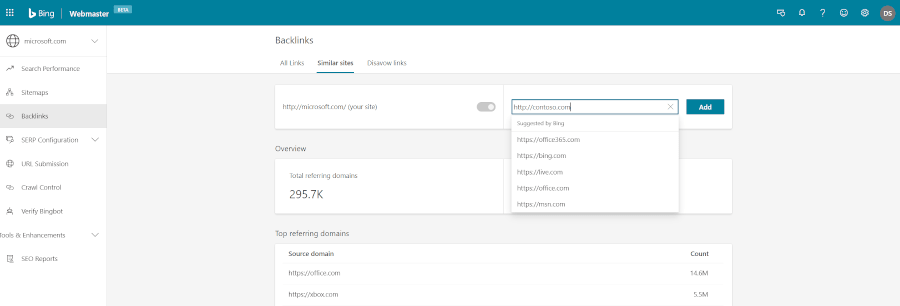 With Bing SEO Tools you can analyse a websites backlink profile and compare to two other sites. Bing.com screenshot of the backlinks similar sites feature